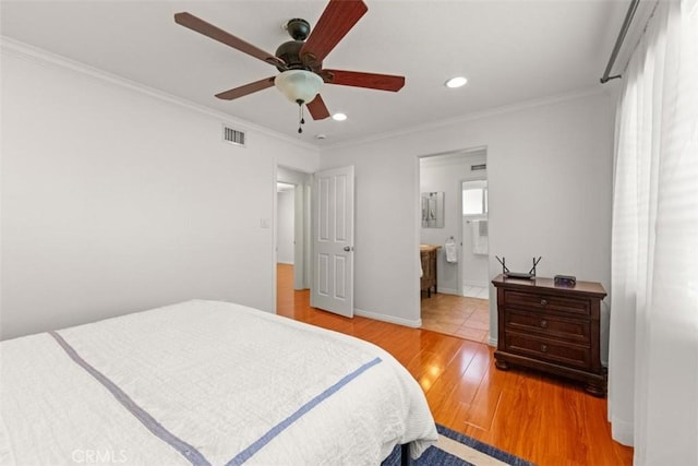 3275 Dalhart Ave, Simi Valley, CA 93063 - bedroom featuring light wood-type flooring, crown molding, recessed lighting, connected bathroom, and ceiling fan