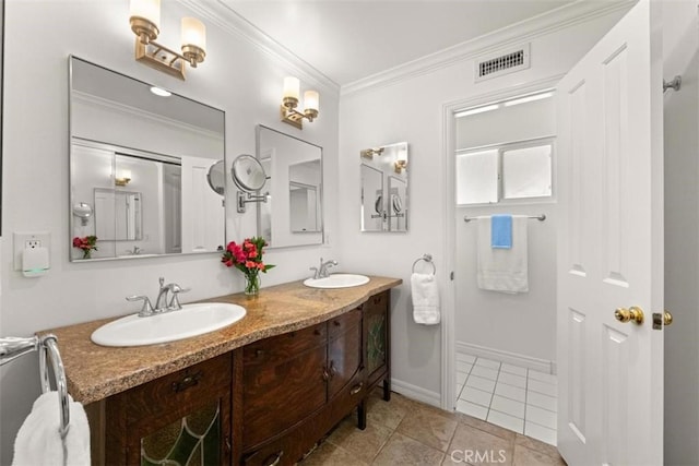 3275 Dalhart Ave, Simi Valley, CA 93063 - bathroom with double vanity, crown molding, tile patterned floors, and baseboards