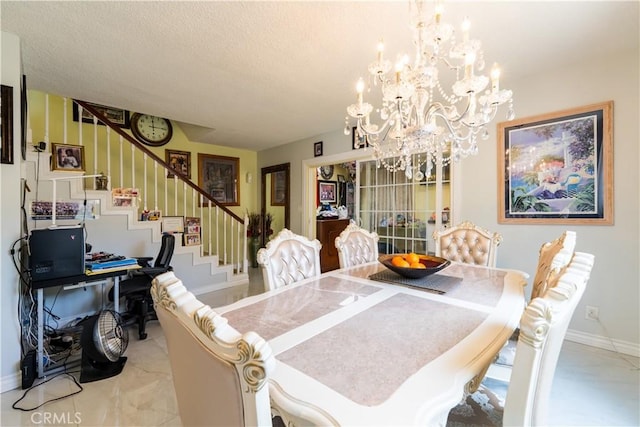 727 W Hill St, Long Beach, CA 90806 - dining space featuring stairway, a chandelier, baseboards, and a textured ceiling