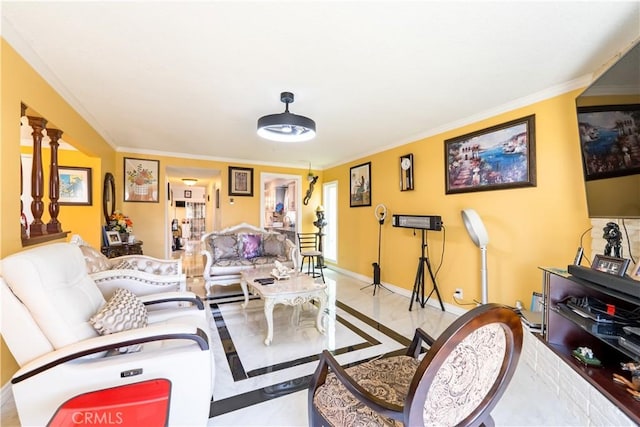 727 W Hill St, Long Beach, CA 90806 - living area featuring inlaid floor details, baseboards, and ornamental molding