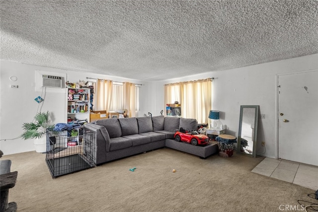 7614 Mason Ave, Winnetka, CA 91306 - carpeted living room with a textured ceiling, a wall mounted air conditioner, and tile patterned flooring