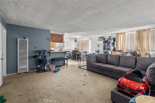 7614 Mason Ave, Winnetka, CA 91306 - living room featuring a heating unit, carpet, and a textured ceiling