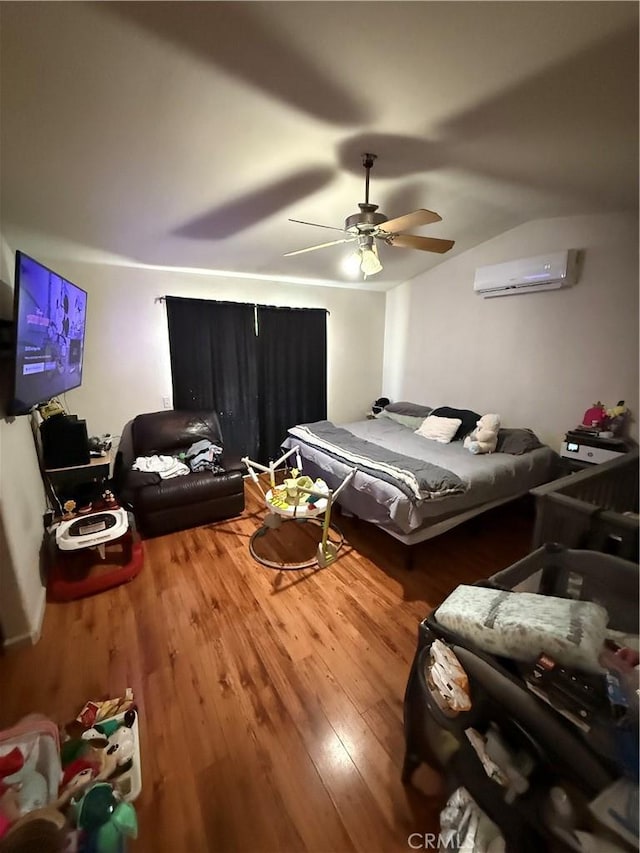 10333 Mendicino, Victorville, CA 92301 - bedroom with a wall mounted AC, wood finished floors, lofted ceiling, and ceiling fan