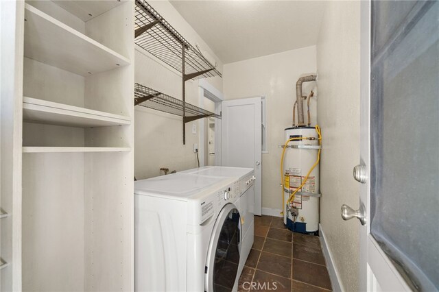 219 Redondo Ave, Long Beach, CA 90803 - washroom featuring water heater, baseboards, dark tile patterned flooring, and washing machine and clothes dryer