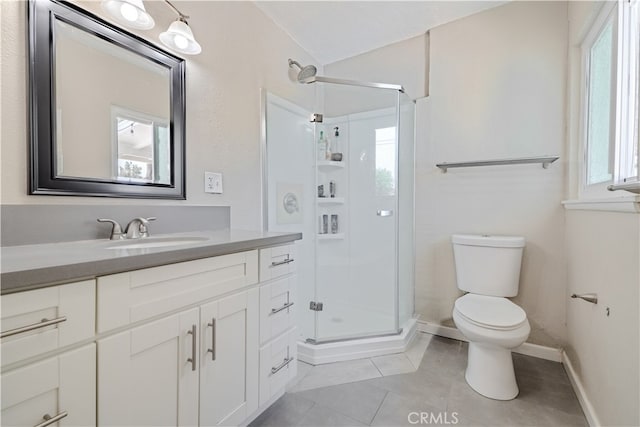 1016 N Marcella Ave, Rialto, CA 92376 - bathroom with toilet, a shower stall, vanity, tile patterned flooring, and baseboards