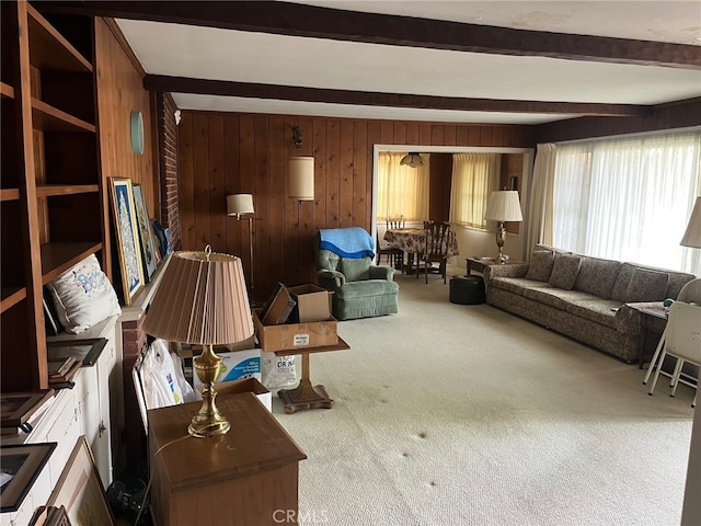 1728-1726 Midvale Ave, Los Angeles, CA 90024 - living room with beam ceiling, carpet floors, wooden walls, and plenty of natural light