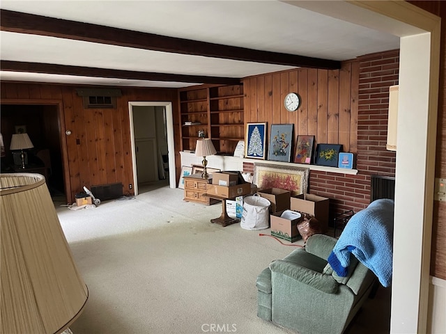 1728-1726 Midvale Ave, Los Angeles, CA 90024 - living room featuring beam ceiling, wood walls, and carpet