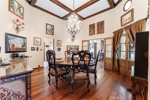 1422 Recado Rd, La Habra Heights, CA 90631 - dining space featuring coffered ceiling, a high ceiling, hardwood / wood-style flooring, a chandelier, and beam ceiling