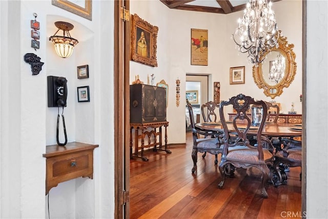 1422 Recado Rd, La Habra Heights, CA 90631 - dining room featuring a chandelier, hardwood / wood-style floors, beam ceiling, coffered ceiling, and baseboards