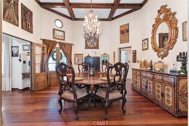 1422 Recado Rd, La Habra Heights, CA 90631 - dining space featuring a chandelier, a towering ceiling, coffered ceiling, dark wood-style floors, and beamed ceiling