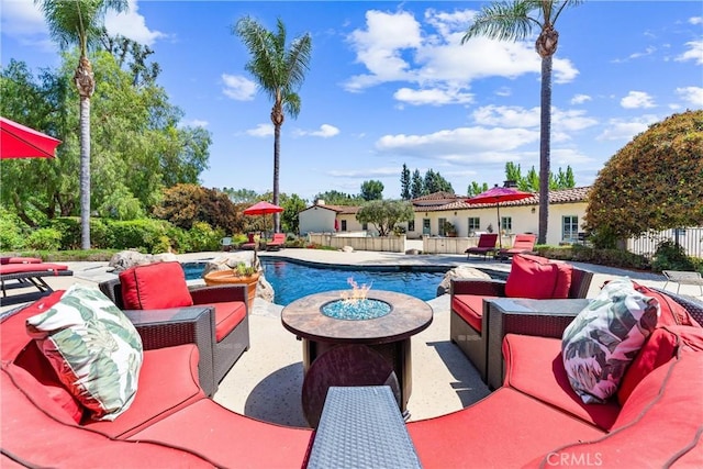 1422 Recado Rd, La Habra Heights, CA 90631 - view of swimming pool featuring an outdoor living space with a fire pit and a patio