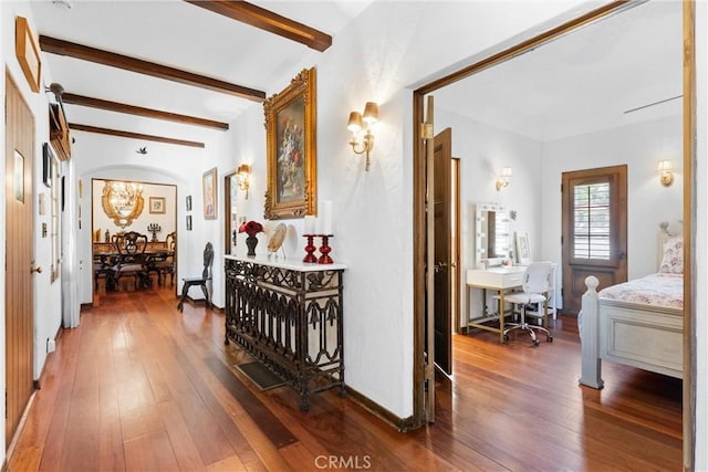 1422 Recado Rd, La Habra Heights, CA 90631 - corridor with beamed ceiling, hardwood / wood-style floors, and an office area