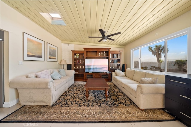 23929 Sunset Crossing Rd, Diamond Bar, CA 91765 - living room with wooden ceiling, ceiling fan, and tile patterned flooring