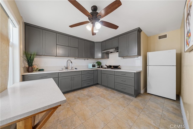 23929 Sunset Crossing Rd, Diamond Bar, CA 91765 - kitchen featuring white appliances, a sink, gray cabinetry, under cabinet range hood, and ceiling fan