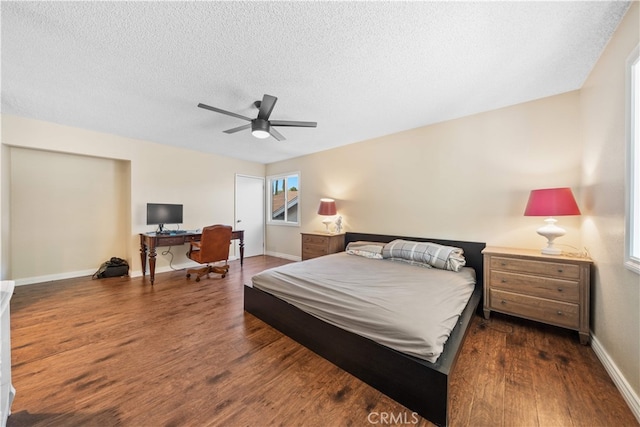 23929 Sunset Crossing Rd, Diamond Bar, CA 91765 - bedroom featuring a desk, wood finished floors, a textured ceiling, baseboards, and ceiling fan