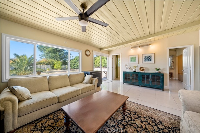 23929 Sunset Crossing Rd, Diamond Bar, CA 91765 - living room with light tile patterned floors, wood ceiling, ceiling fan, baseboards, and track lighting