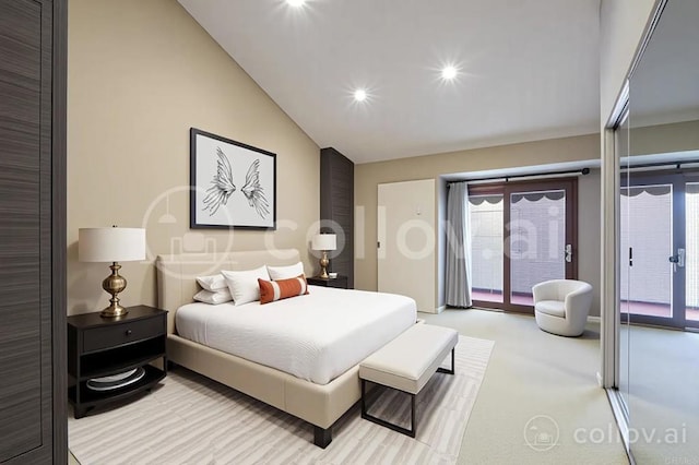 4074 Avenida Brisa, Rancho Santa Fe, CA 92091 - bedroom with access to exterior, vaulted ceiling, light colored carpet, multiple windows, and recessed lighting