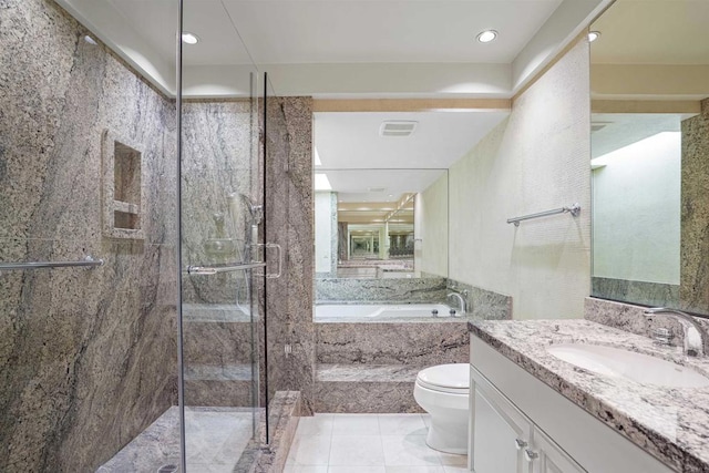 4074 Avenida Brisa, Rancho Santa Fe, CA 92091 - bathroom featuring a bath, vanity, a marble finish shower, recessed lighting, and tile patterned flooring