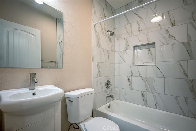 6391 Stearns St, Riverside, CA 92504 - bathroom with toilet, a textured wall, vanity, and shower / bath combination