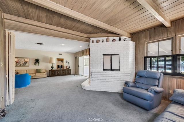6130 Longridge Ave, Valley Glen, CA 91401 - carpeted living room featuring wood ceiling with exposed beams and wooden walls