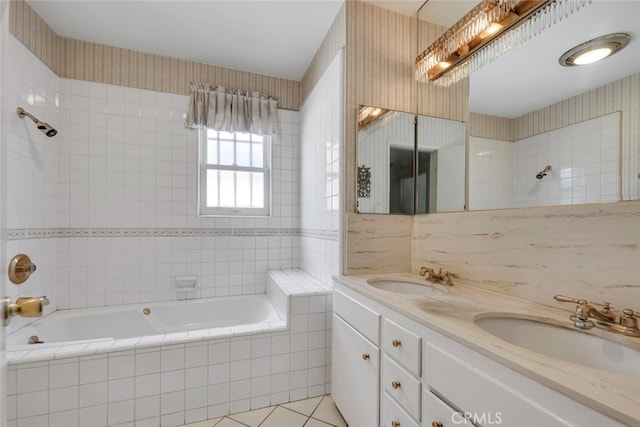 6130 Longridge Ave, Valley Glen, CA 91401 - full bath with double vanity, tile patterned floors, tiled shower / bath combo, and wallpapered walls