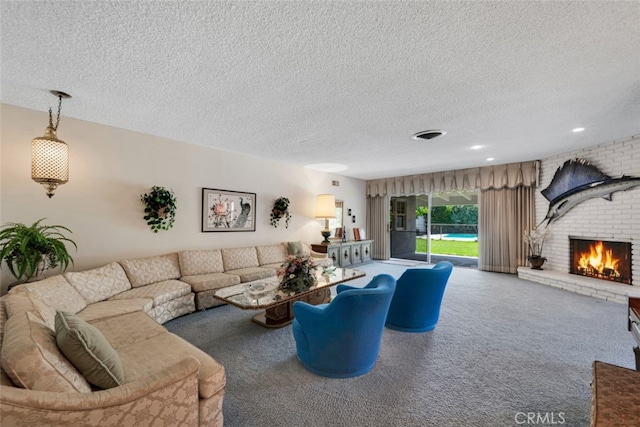 6130 Longridge Ave, Valley Glen, CA 91401 - living area with a textured ceiling, carpet, a brick fireplace, and recessed lighting