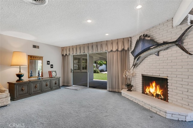 6130 Longridge Ave, Valley Glen, CA 91401 - living room featuring a textured ceiling, carpet flooring, a brick fireplace, and recessed lighting
