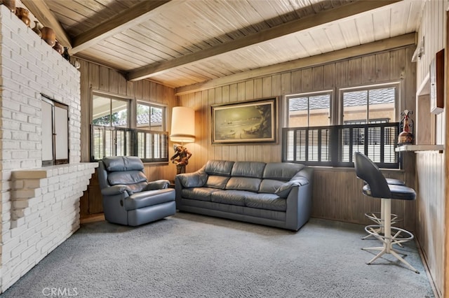 6130 Longridge Ave, Valley Glen, CA 91401 - living room with carpet flooring, wood walls, and wood ceiling with exposed beams