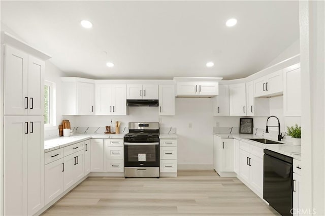 414 Markton St, Los Angeles, CA 90061 - kitchen featuring stainless steel gas range, a sink, dishwasher, under cabinet range hood, and white cabinetry