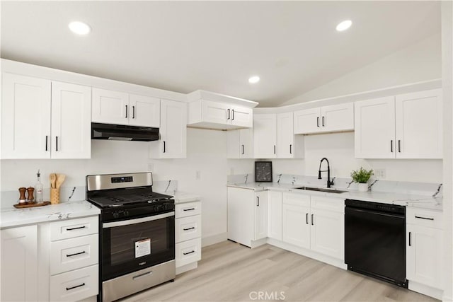 414 Markton St, Los Angeles, CA 90061 - kitchen with stainless steel range with gas cooktop, under cabinet range hood, black dishwasher, a sink, and white cabinets