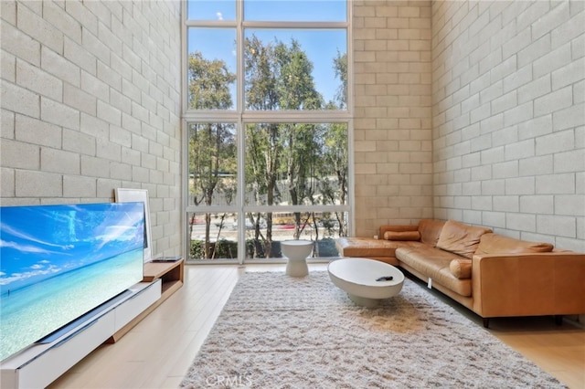 3450 Cahuenga Blvd W Unit 905, Los Angeles, CA 90068 - living area featuring wood finished floors, a high ceiling, and a wall of windows