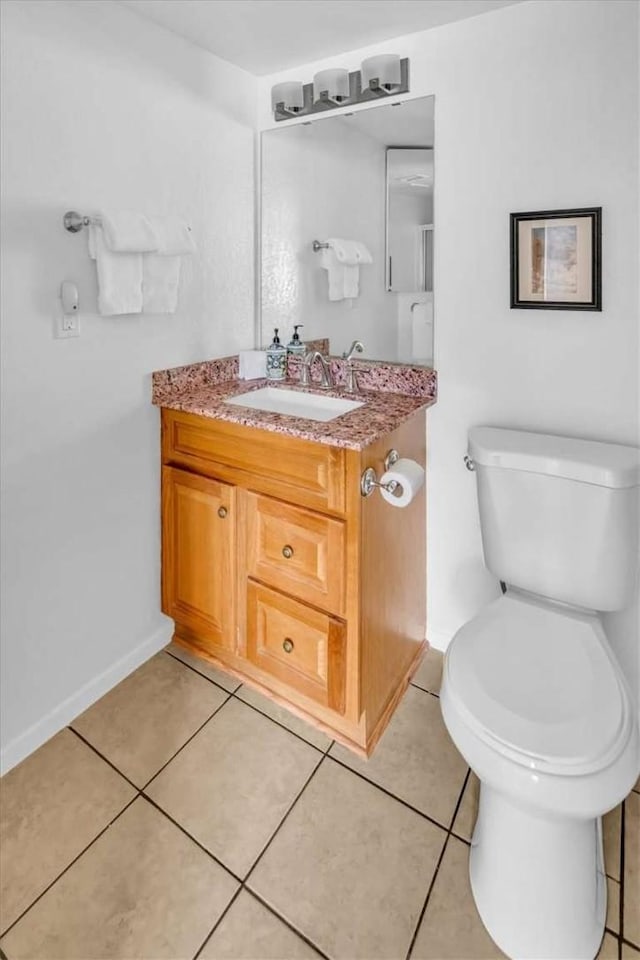 1582 Lisa Ln, Redlands, CA 92374 - half bath featuring vanity, toilet, baseboards, and tile patterned floors