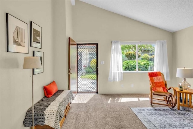 1582 Lisa Ln, Redlands, CA 92374 - living area featuring vaulted ceiling, carpet floors, a textured ceiling, and baseboards
