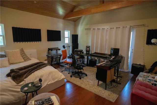 1630 Bridgeport Dr, Los Angeles, CA 90065 - bedroom featuring vaulted ceiling, wood finished floors, multiple windows, and an office area