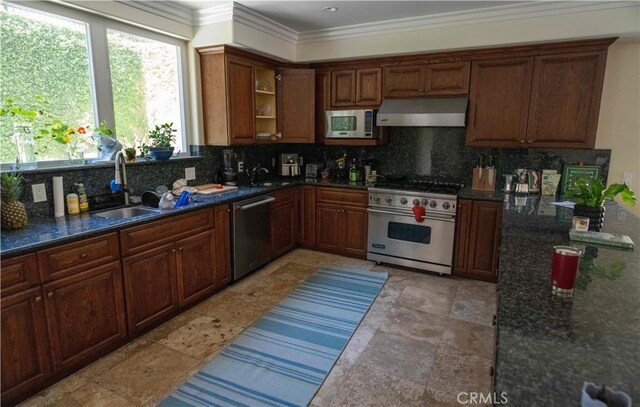 1630 Bridgeport Dr, Los Angeles, CA 90065 - kitchen with appliances with stainless steel finishes, wall chimney range hood, a sink, decorative backsplash, and ornamental molding