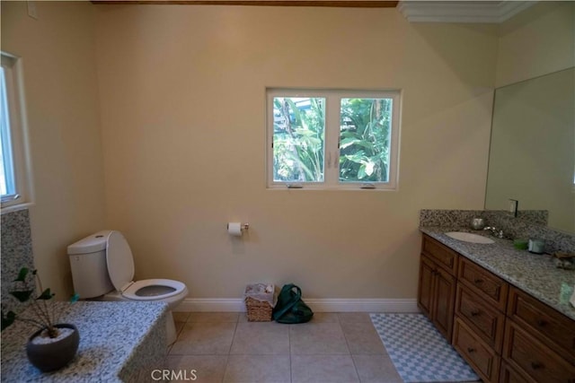 1630 Bridgeport Dr, Los Angeles, CA 90065 - bathroom with toilet, vanity, baseboards, ornamental molding, and tile patterned floors