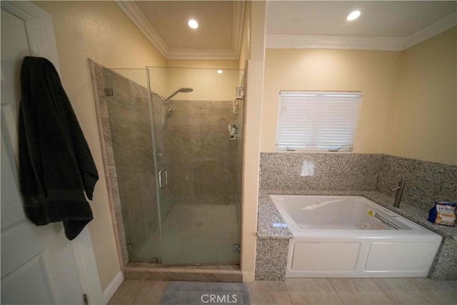 1630 Bridgeport Dr, Los Angeles, CA 90065 - full bath with a jetted tub, ornamental molding, a stall shower, and tile patterned flooring