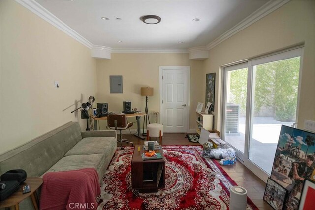 1630 Bridgeport Dr, Los Angeles, CA 90065 - living area with crown molding, a desk, electric panel, and wood finished floors