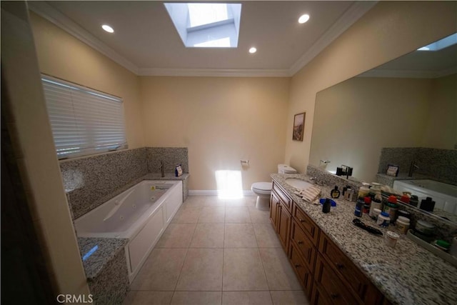 1630 Bridgeport Dr, Los Angeles, CA 90065 - full bathroom featuring a jetted tub, toilet, tile patterned flooring, a skylight, and crown molding