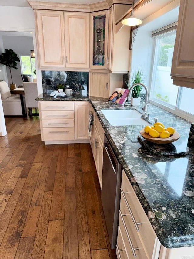 4523 Cordoba Way, Oceanside, CA 92056 - kitchen featuring a sink, dark wood-style flooring, dishwasher, glass insert cabinets, and backsplash