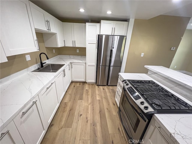 881 Peach St Unit A, San Luis Obispo, CA 93401 - kitchen with appliances with stainless steel finishes, a sink, light wood-style floors, white cabinetry, and recessed lighting