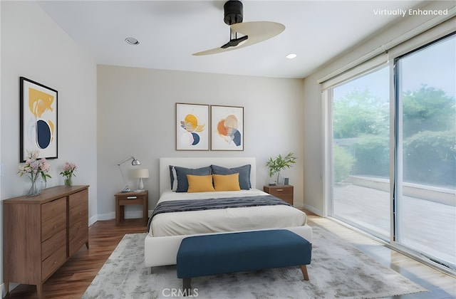 11259 Corsica Ct, Rancho Cucamonga, CA 91730 - bedroom with access to exterior, wood finished floors, recessed lighting, and a ceiling fan