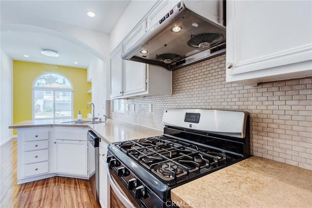 11259 Corsica Ct, Rancho Cucamonga, CA 91730 - kitchen featuring stainless steel appliances, ventilation hood, a peninsula, white cabinets, and light countertops