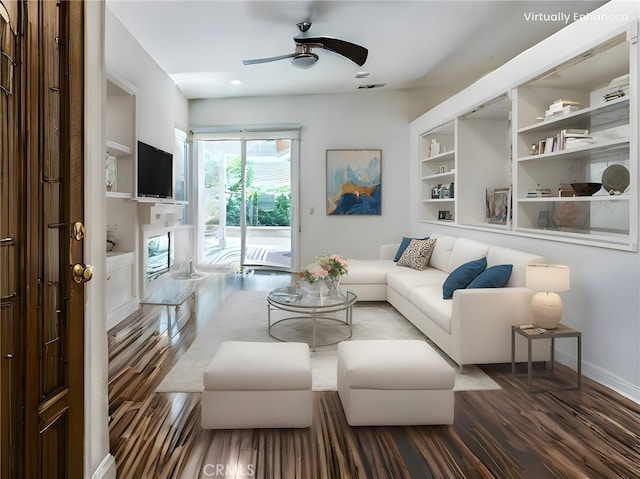 11259 Corsica Ct, Rancho Cucamonga, CA 91730 - living room featuring wood finished floors, ceiling fan, built in shelves, and recessed lighting