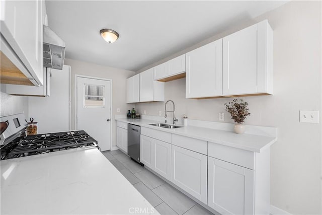 38881 Sage Tree St, Palmdale, CA 93551 - kitchen featuring stainless steel appliances, a sink, white cabinetry, and range hood