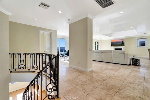 5250 Calatrana Dr, Woodland Hills, CA 91364 - corridor featuring an upstairs landing, recessed lighting, light tile patterned floors, and a tray ceiling