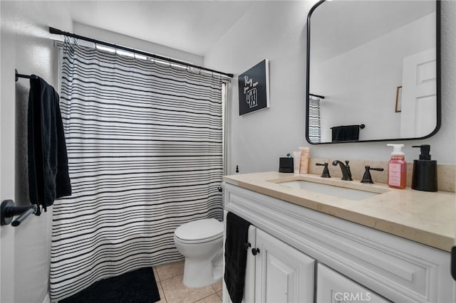 13797 Mesquite Dr, Fontana, CA 92337 - bathroom featuring vanity, tile patterned floors, toilet, and a shower with curtain