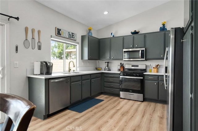 13797 Mesquite Dr, Fontana, CA 92337 - kitchen with appliances with stainless steel finishes, gray cabinets, a sink, light wood-style flooring, and recessed lighting