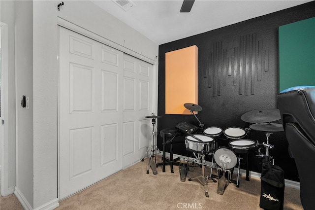 13797 Mesquite Dr, Fontana, CA 92337 - recreation room featuring carpet floors, a ceiling fan, and baseboards