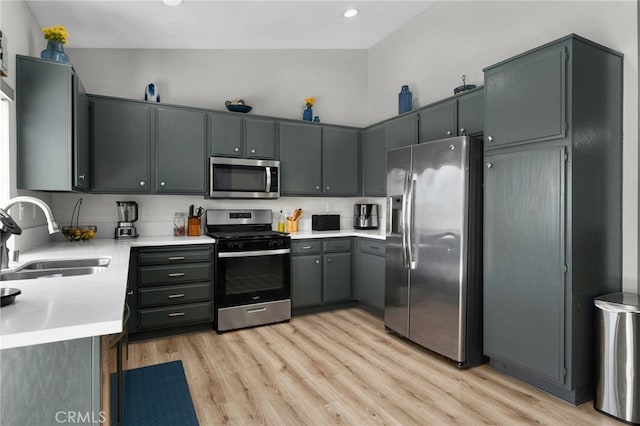 13797 Mesquite Dr, Fontana, CA 92337 - kitchen featuring appliances with stainless steel finishes, a sink, light countertops, light wood finished floors, and recessed lighting